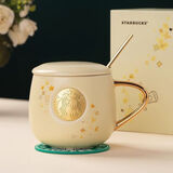 星巴克（Starbucks）杯子金色桂花铜章马克杯陶瓷带盖勺办公室咖啡杯情侣礼盒伴手礼 金桂杯单杯礼盒装+瓷盖+勺子