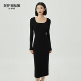 深呼吸DEEP BREATH女装方领高腰修身羊毛针织连衣裙A500217 黑 S (2码)
