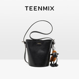 天美意（TEENMIX）女包牛皮水桶包复古斜挎通勤单肩包实用生日礼物送女友老婆妈妈