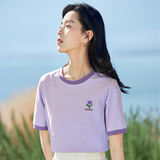 茵曼凉感撞色绣花女装正肩短袖t恤2025夏季新品打底衬衫上衣 淡紫色 M