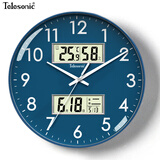 天王星（Telesonic）挂钟客厅钟表双屏万年历家用挂表温湿度静音石英钟挂墙时钟35.5cm