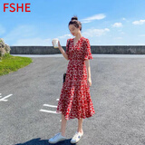 FSHE红色碎花雪纺连衣裙女2025年夏季新款韩版气质中长款a字沙滩裙子 红色碎花裙 L 建议100-120斤