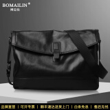 博迈伦（BOMAILUN）单肩包男士斜挎包【优质牛皮】简约时尚真皮邮差包大容量通勤背包 黑色小号11寸 31.5*9*22cm