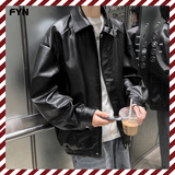 雪莱琼斯（Shelley Jones）美式复古皮衣外套男女春秋新款痞帅潮流上衣服宽松休闲情侣夹克衫 黑色 2XL [建议140-160斤]