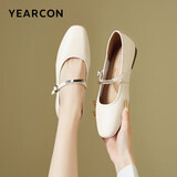 意尔康女鞋玛丽珍羊皮复古小皮鞋春秋平底法式单鞋 27146W 米白色 38