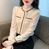 XEQUCCN小衫女2025高档品牌打底衫加绒加厚法式小香风蕾丝衫秋冬洋气衬衫 杏色 常规 XL 【 建议115-125斤】