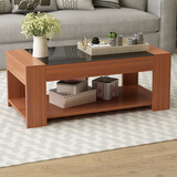 雅美乐茶几客厅简约现代小户型钢化玻璃木质双层茶几桌 柚木色