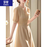 罗蒙（ROMON）雪纺连衣裙女装夏季2024新款韩版时尚V领高端精致纯色仙气A字裙子 杏色 L 105-120斤