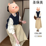 圣保美小香风连衣裙春秋季女装2025新款小个子穿搭配马甲半身长裙子套装 三件套【马甲+衬衫+半身裙】 L 码