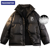 帕丁顿熊2024冬季新款男士Pu皮纯色宽松防风防寒保暖加厚羽绒服情侣外套 黑色 L