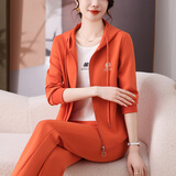 慕之美休闲运动套装女春秋妈妈连帽卫衣套装女运动服居家通勤运动装棉质 香橙色 L(适合99-109斤)