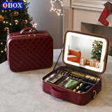 OBOX带镜子带灯美拉德风旅行化妆包美妆用品分类收纳包护肤品收纳盒 安克拉红_大号12寸【菱格2代】