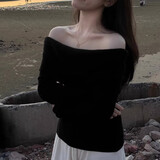 南木熊毛衣女春秋薄款一字肩针织衫上衣露肩气质甜美小众露锁骨打底衫 黑色 均码【80-120斤】