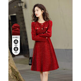 德玛纳【新年与玫瑰】秋冬绒感亮丝蝴蝶结装饰扣泡泡袖收腰气质女连衣裙