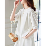 德玛纳【简约纽扣调节收腰女式t恤】夏季圆领五分袖t恤女