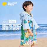 lemonkid儿童浴袍宝宝男女童带帽可穿吸水速干浴巾 水族蓝恐龙 100