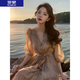 罗蒙（ROMON）连衣裙女装法式沙滩飘逸夏季气质名媛设计感小众雪纺衬衫中长裙子 卡其色 M 95-105斤