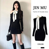 斤慕法式赫本风连衣裙女2025纯欲蝴蝶结露肩小黑裙甜美修身包臀裙七夕 法式小黑裙【黑色L】