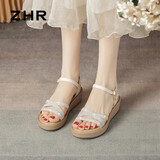 ZHR女鞋夏季坡跟百搭凉鞋女时尚水钻厚底显瘦沙滩鞋女 AY161 米白 35