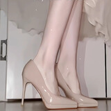 桂岐 法式高跟鞋女尖头细跟浅口8cm裸色漆皮防水台单鞋职业工作鞋 裸色8CM 36