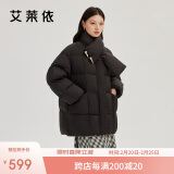 艾莱依羽绒服女2024款时尚围巾牛角扣中长款防风保暖冬季外套 炭黑 L