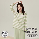 顶瓜瓜睡衣女纯棉家圆领可外穿长袖情侣睡衣套装 诗意条纹海盐薄荷 170