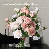 京东鲜花法式复古油画焦边玫瑰客厅餐桌高级仿真假花手捧花束婚礼拍照道具