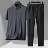 啄木鸟父亲节礼物两件套冰丝短袖t恤男夏季凉感polo弹力中年爸爸翻领衫 深灰色 XL (建议125-140斤)