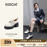 KISSCAT接吻猫女鞋[奥利奥]厚底乐福鞋女秋冬季新款百搭系带JK真皮小皮鞋 米色牛皮革 36