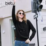 百图betu女装春季新款毛针织衫连帽抽绳时尚休闲毛衫女2501X06 黑色 M