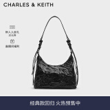 CHARLES&KEITH褶皱油蜡皮手提单肩腋下包女生日礼物女CK2-40271360 Noir黑色 M