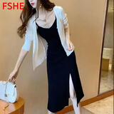 FSHE夏季新款套装女2025时尚显瘦休闲开叉吊带连衣裙防晒开衫两件套女 黑色【套装】吊带裙+开衫防晒衣 M 91-105斤
