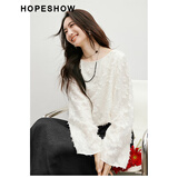 红袖小众气质雪纺衫2025春季新款女装花朵剪花流苏微喇一字领短上衣 米白004 S