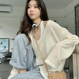 妙奕嘉镂空针织衫罩衫春季上衣女设计感小众内搭长袖外套纯欲辣妹宽松 杏色镂空V领长袖罩衫【无内搭】 均码 【建议120斤以内】