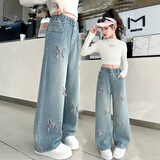 女童直筒牛仔裤秋冬款2025新款儿童加绒裤子女孩大童阔腿裤初中生 蓝色 160