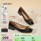 NINE WEST/玖熙低跟单鞋牛漆皮浅口方头金属饰扣工作女鞋NF445006FK 黑色35