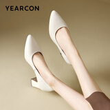 意尔康女鞋粗跟时装鞋浅口套脚高跟鞋工作女单鞋春秋 26906W米白36
