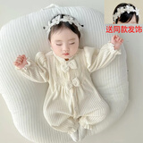 卿宝蓓婴儿衣服女宝宝春装超萌可爱3个月连体衣6秋新生儿套装洋气外出服 米色女孩蝴蝶结（有发饰） 66cm 66码1-4个月 身高59-63厘米