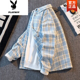 花花公子（PLAYBOY）小香风夹克外套男短款宽松休闲春秋款潮牌高级感格子百搭夹克男士 浅蓝色 NJN#XXF016高质量 3XL