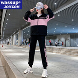 WASSUP JOYZON春秋新款品牌运动套装女宽松大码加绒学生青年休闲跑步服两件套潮 粉黑色（春秋款两件套） M（建议95-115斤）