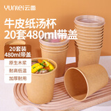 云蕾一次性饭盒餐盒带盖餐具打包快餐加厚便当饭碗汤粥碗480ml*20套 