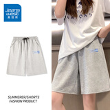 真维斯（Jeanswest）黑色休闲运动短裤女款夏季外穿中裤2026新款女士宽松百搭五分裤子 麻灰 渐层蓝条_K M