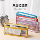 【全网低价】樱花SAKURA透明考试笔袋双拉链简约男女学生用大容量中高考笔袋糖果色小清新防水文具盒-黄色