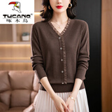 啄木鸟（TUCANO）品牌针织衫女 宽松显瘦【80-200斤】V领蕾丝木耳边上衣女秋冬新款 咖啡色 2XL (建议135-160斤)