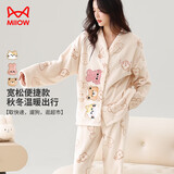 猫人女士睡衣女冬法兰绒卡通印花时尚V领可外穿家居服米色XL