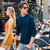 Mr.Bu布先生明星同款男士长袖T恤春秋季小白T情侣内搭打底衫纯色衣服 V领-海岳蓝 XL (180)