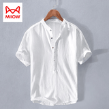 猫人（MiiOW）冰丝亚麻短袖衬衫男士夏季薄款速干休闲衬衣白色百搭寸衫雷军同款 白色 XL