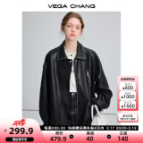 VEGA CHANG黑色皮衣女2025春秋宽松显瘦机车风pu皮短外套 松绿黑 S