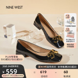 NINE WEST/玖熙低跟单鞋牛漆皮浅口方头金属饰扣工作女鞋NF445006FK 黑色37