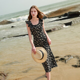 三彩2025夏季新款U领浪漫碎花雪纺裙印花大摆连衣裙长裙M